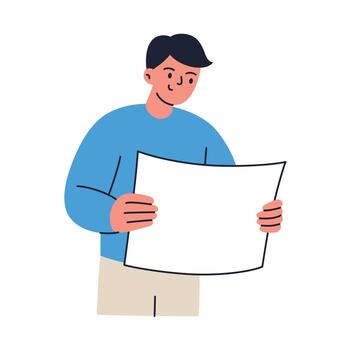 Man holding large blank white sheet of paper, plan, or map in hands. Concept of planning, project, document review, architecture, layout, or direction. Cartoon illustration vector