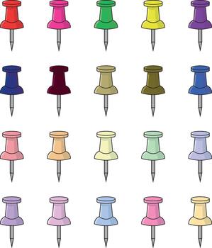 A collection of push pins in various colors arranged in a grid pattern on a white background image vector