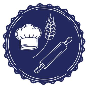 Culinary Design Featuring a Chefs Hat Wheat Stalk and Rolling Pin Inside Scalloped Circle Badge for Baking and Food Related Projects vector