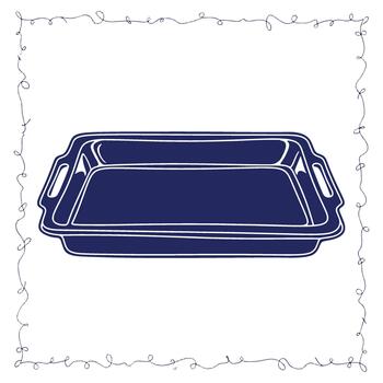 Elegant dark blue rectangular baking dish with white outline and decorative border adding a touch of sophistication to any kitchen graphic vector