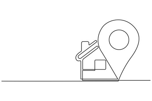 Continuous line drawing of home location pin representing real estate and property address concept.Modern minimalist continuous line art of home and map pin showing house location symbol. vector