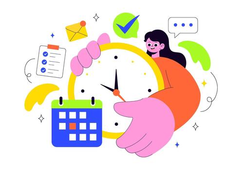 Illustration Of Effective Time Management Concept With Clock, Calendar, And Task Planning In Flat Cartoon Style vector