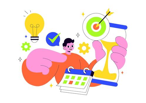 Task Organizer And Time Tracking Concept Illustration With Clock And Calendar vector