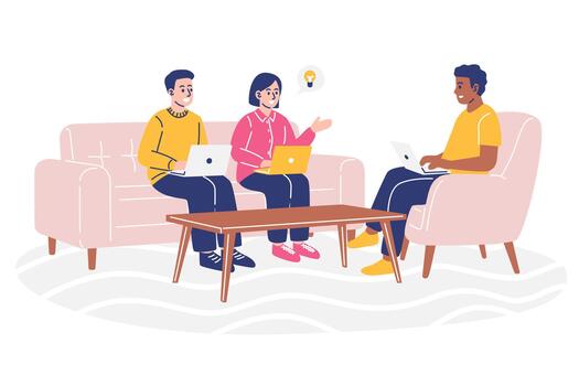 Diverse team collaborating and brainstorming with laptops in a casual office setting vector