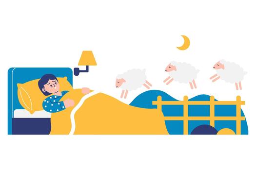 insomne persona con insomnio en cama contando saltando oveja vector