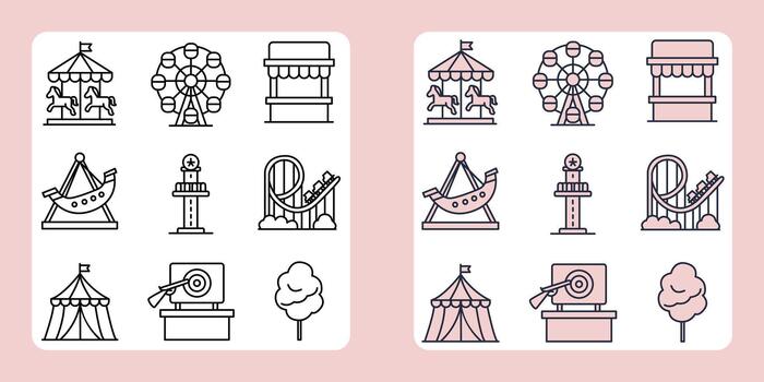 Amusement park and carnival icon set in outline and color variations vector