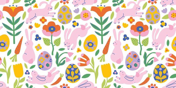 primavera dibujos animados sin costura modelo con linda conejito, flores, zanahorias y Pascua de Resurrección huevos. Pascua de Resurrección conejos, liebre en diferente actitud saltando, sesión. contento Pascua de Resurrección impresión en plano estilo, brillante y pastel colores. vector