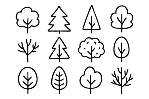 Trees doodle icon set. Nature elements and forest trees. vector