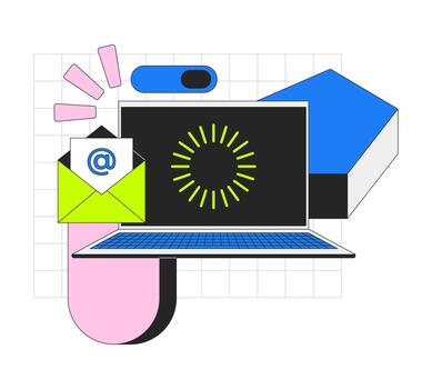 Email and loading throbber on laptop 2D onboarding ui illustration. E-mail envelope with web elements. Newsletter notebook technology cartoon concept isolated on white. Flat abstract metaphor vector