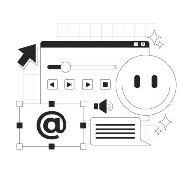 Web interface with digital communication line onboarding ui illustration. Multimedia player with cursor. Chat bubble with email and emoji outline 2D concept isolated. Ink linear metaphor art vector