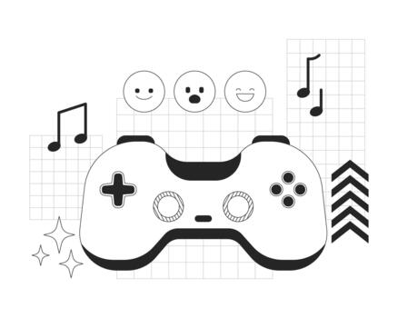 Gaming entertainment line onboarding ui illustration. Gamepad joy. Gamification. Game controller playing with emojis and music notes outline 2D concept isolated. Ink linear metaphor art vector