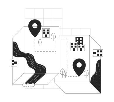 Map navigation line onboarding ui illustration. GPS geolocation. Planning route. Tracking delivery. Isometric mapping with location pins outline 2D concept isolated. Ink linear metaphor art vector