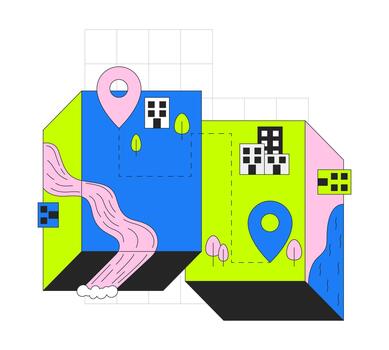 Map navigation 2D onboarding ui illustration. GPS geolocation. Planning route. Tracking delivery. Isometric mapping with location pins cartoon concept isolated on white. Flat abstract metaphor vector