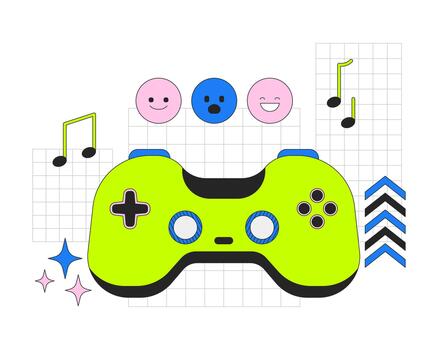 Gaming entertainment 2D onboarding ui illustration. Gamepad joy. Gamification. Game controller playing with emojis and music notes cartoon concept isolated on white. Flat abstract metaphor vector
