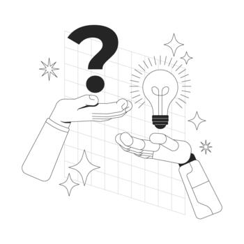 AI research line onboarding ui illustration. Artificial intelligence problem-solving. Human question, robotic hand with lightbulb solution outline 2D concept isolated. Ink linear metaphor art vector