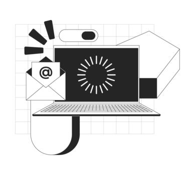 Email and loading throbber on laptop line onboarding ui illustration. E-mail envelope with web elements. Newsletter notebook technology outline 2D concept isolated. Ink linear metaphor art vector