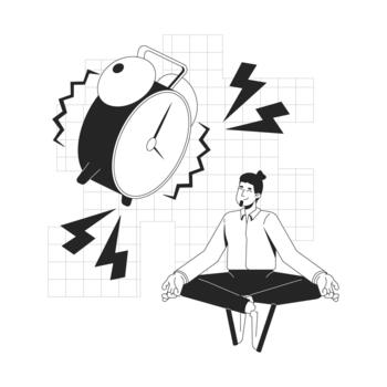 Workplace zen line onboarding ui illustration. Office worker mindfulness. Deadline calm employee. Meditating man with alarm clock ringing outline 2D concept isolated. Ink linear metaphor art vector