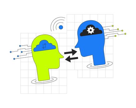 Cloud communication 2D onboarding ui illustration. Upload processing. Wireless transfer sync. Intelligent systems exchanging data cartoon concept isolated on white. Flat abstract metaphor vector