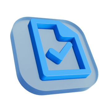 Stylized 3D Rendering of a Blue Checkmark on a Transparent Document Icon Signifying Task Completion and Successful Digital Form Submission. png