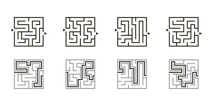 laberinto juego colocar, exploración y estrategia. cuadrado enigma desafío con Listo solución. devanado pasillos en atractivo rompecabezas con giros, vueltas y oculto caminos ilustración vector