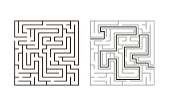 Labyrinth game, logic challenge to navigate its twisting paths. Kids maze, strategy, problem-solving. Square maze. illustration on white background vector