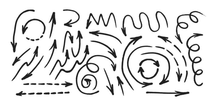 Hand drawn marker arrows symbols set. Doodle brush line scribbles arrow pointer illustration vector