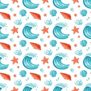 Ocean waves and shell pattern design vector
