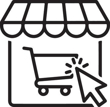 Online shopping icon with a store facade and a mouse cursor clicking on a shopping cart, symbolizing e commerce and digital retail experience. vector