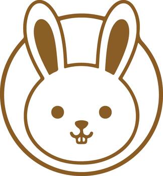 Minimalist brown rabbit head outline with soft rounded ears and a cute simple face within a circular frame, illustration vector