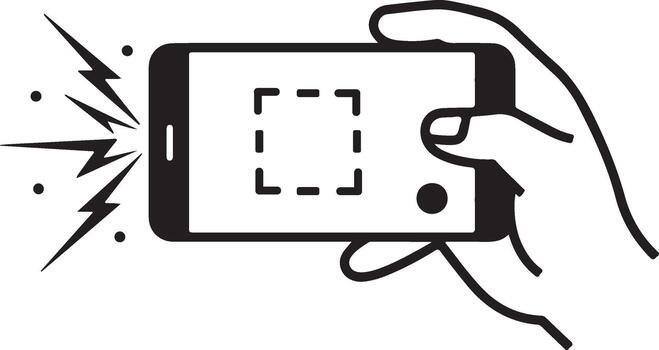 Hand holding smartphone horizontally with flash and dashed capture area on screen, taking a photo, black and white line art icon illustration vector