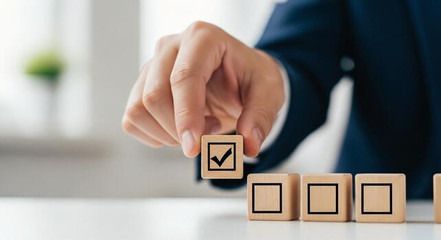 mano colocación marca de verificación cubo en fila de opciones para decisión haciendo y opciones foto