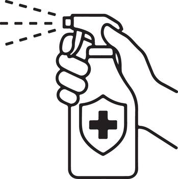 Hand spraying sanitizing solution from a shield-labeled bottle, symbolizing germ protection, hygiene, and health safety practices. vector