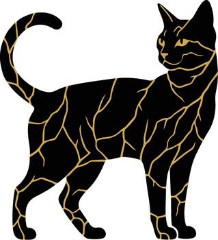 Elegant stylized black cat with intricate kintsugi-inspired golden crackle design, a striking and sophisticated graphic element for various uses. vector