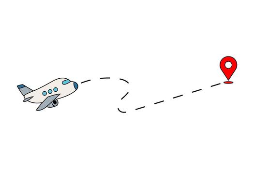 Airplane flying with dashed line route to red location pin on white background. Travel and navigation. Design for poster, banner, card, invitation, postcard, print vector