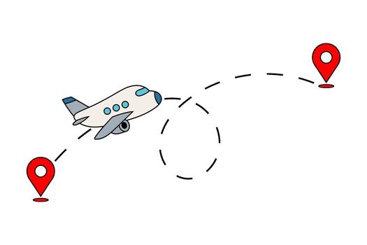 Airplane flying between two red location pins on white background. Travel, navigation and destination concept. For poster, banner, card, print. vector