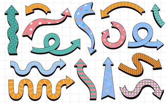 Various colorful playful arrow pointers set. Playful arrows with abstract patterns in retro design. vector