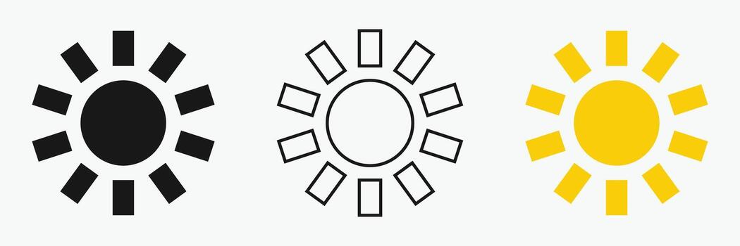 Sun icon set , including shining rays, sunset designs, Each icon features a circular center with eight rectangular rays radiating outward. vector