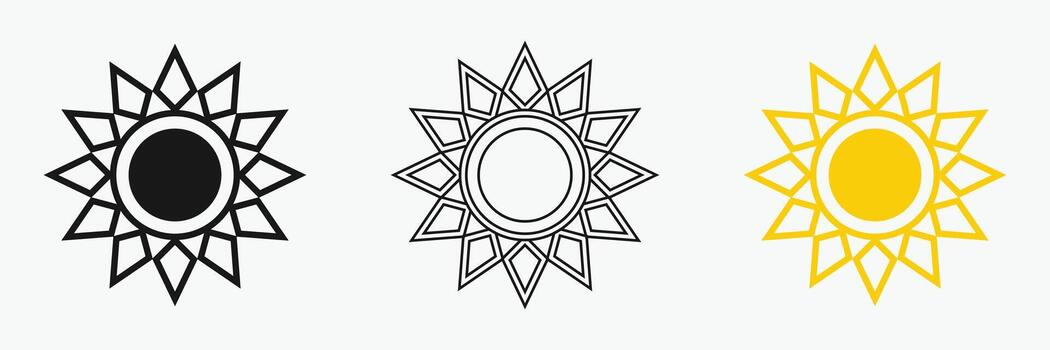 Sun icon set , including shining rays, sunset designs, Each icon features a circular center. vector