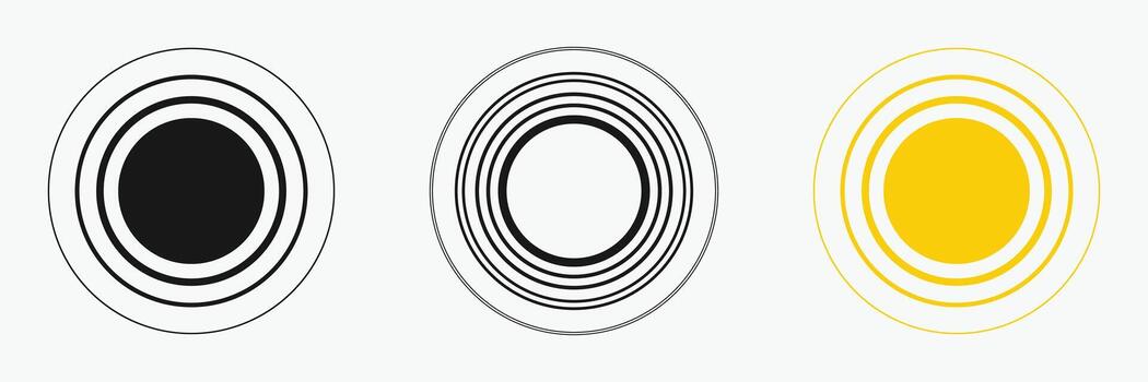 Sun icon set , including shining rays, sunset designs, Three concentric circle designs are shown against a white background. vector