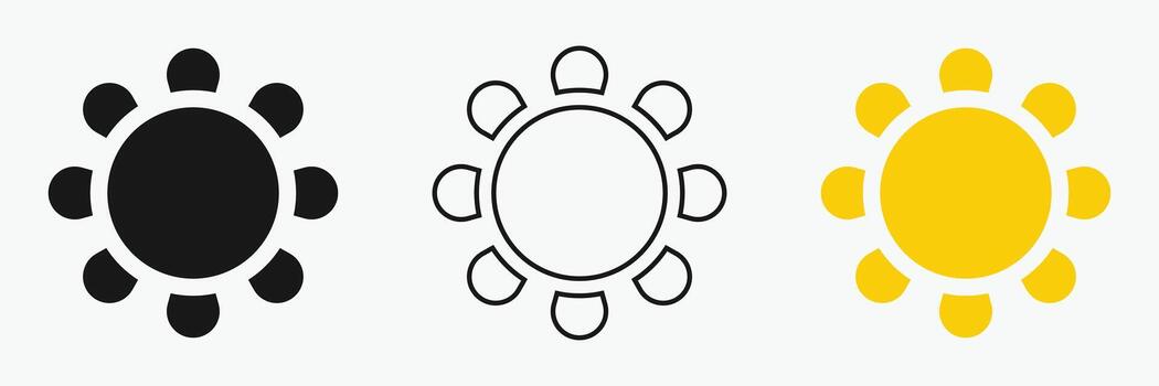 Sun icon set , including shining rays, sunset designs, Three sun symbols are aligned horizontally against a plain background. vector