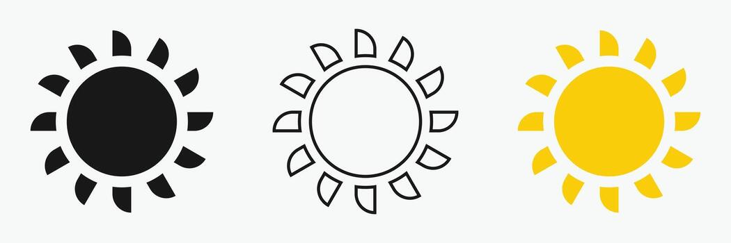 Sun icon set , including shining rays, sunset designs, Three sun icons are displayed. vector