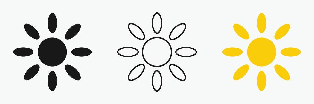 Sun icon set , including shining rays, sunset designs, Three sun icons are displayed in a row on a white background. vector