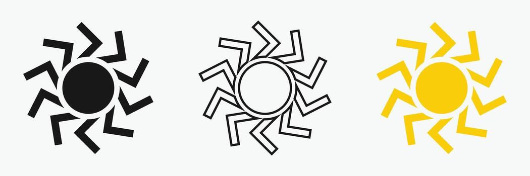 Sun icon set , including shining rays, sunset designs, Three stylized sun designs are displayed in a row. vector
