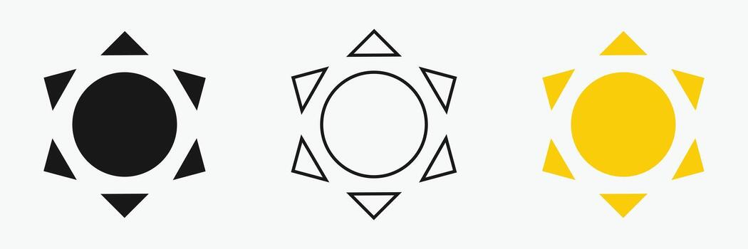 Sun icon set , including shining rays, sunset designs, Three sun symbols are displayed in a row. vector