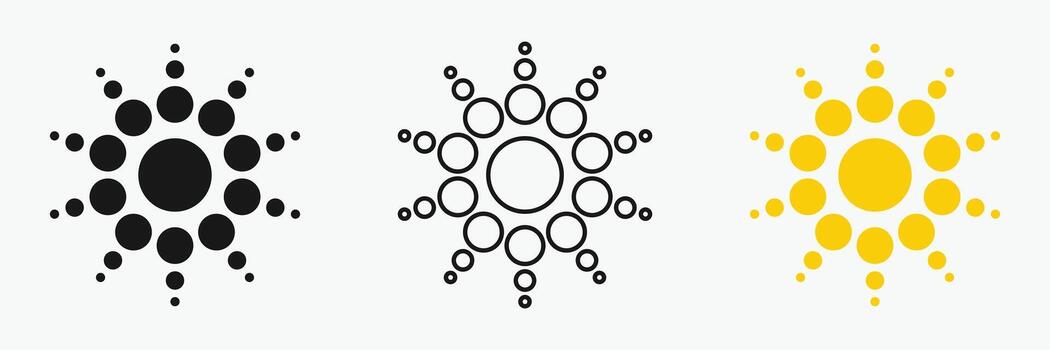 Sun icon set , including shining rays, sunset designs, Three geometric sun designs are arranged horizontally on a white background. vector