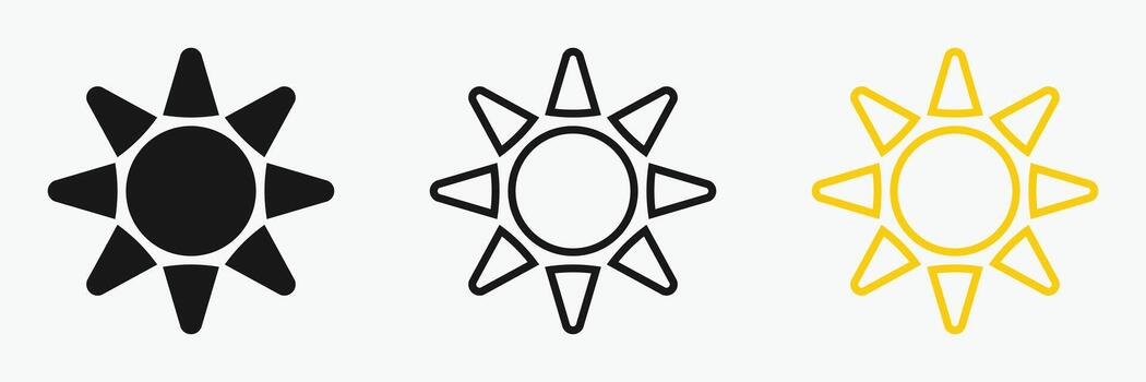 Sun icon set , including shining rays, sunset designs, Three sun icons are depicted, each with a central circle and eight triangular rays. vector