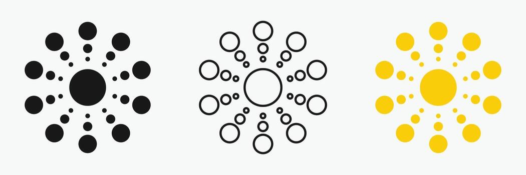 Sun icon set , including shining rays, sunset designs, Three graphic designs feature circular radial patterns. vector