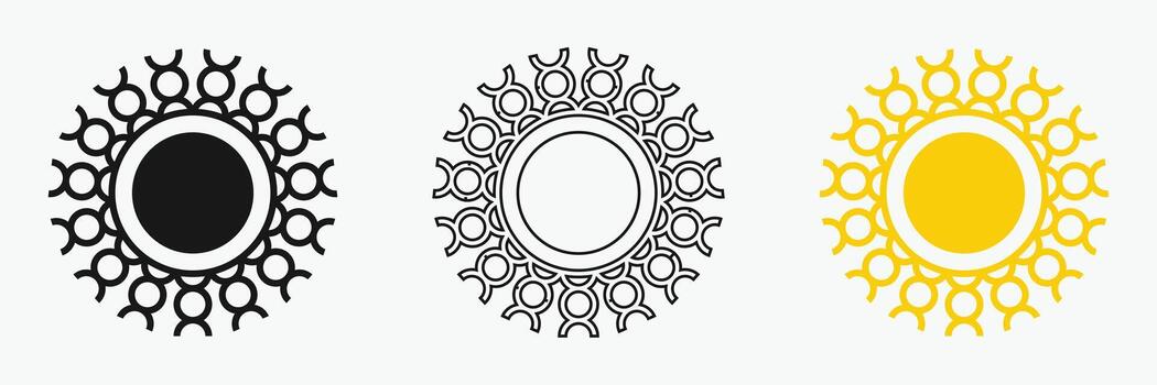 Sun icon set , including shining rays, sunset designs, Three circular designs with intricate outer patterns resembling stylized suns. vector