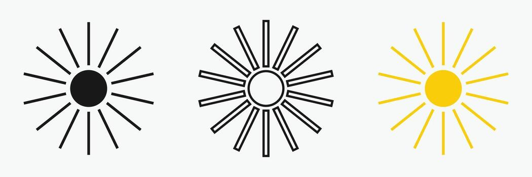 Sun icon set , including shining rays, sunset designs, Each icon consists of a circular center with radiating straight lines. vector