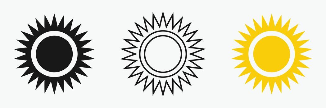 Sun icon set , including shining rays, sunset designs, Three sunburst designs are displayed in a row against a white background. vector
